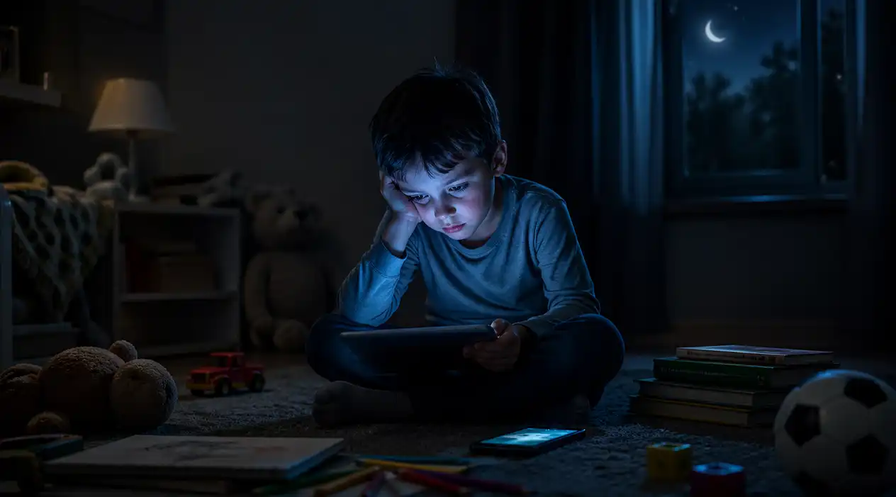 Dziecko siedzące nocą z tabletem i telefonem, symbol negatywnego wpływu ekranów na sen, zdrowie i rozwój dzieci